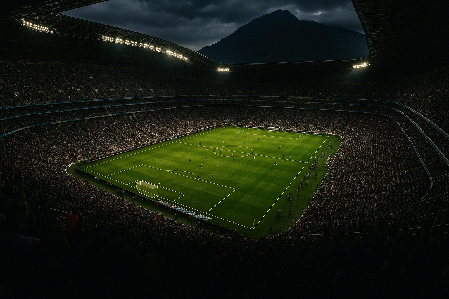 SoccerBeam hero banner showing a packed soccer stadium at night with players on the field under bright lights.